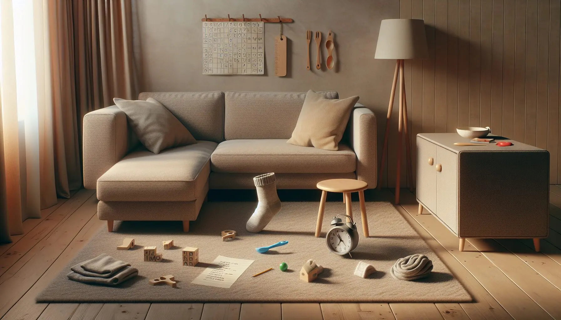 Create a picture of a cozy living room with a child happily searching for rhyming objects like a 'sock' and a 'block'.