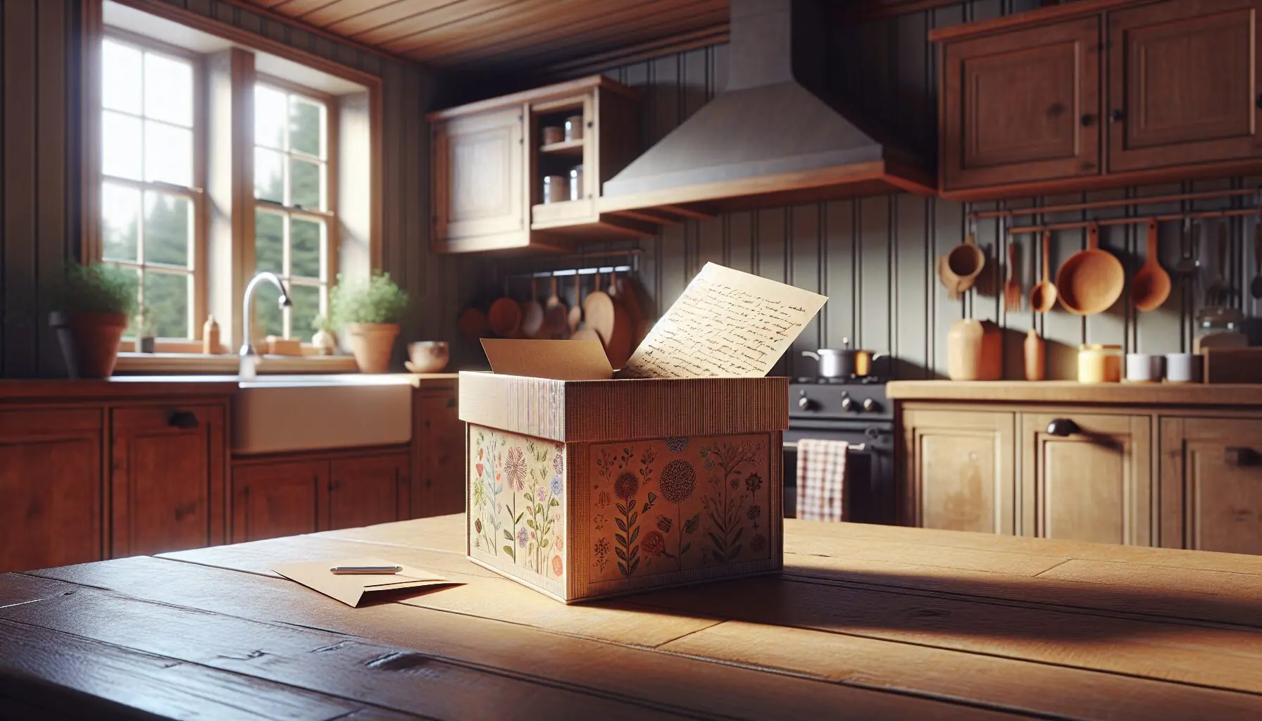 Generate an image of a small, decorative gift box filled with a handmade card.