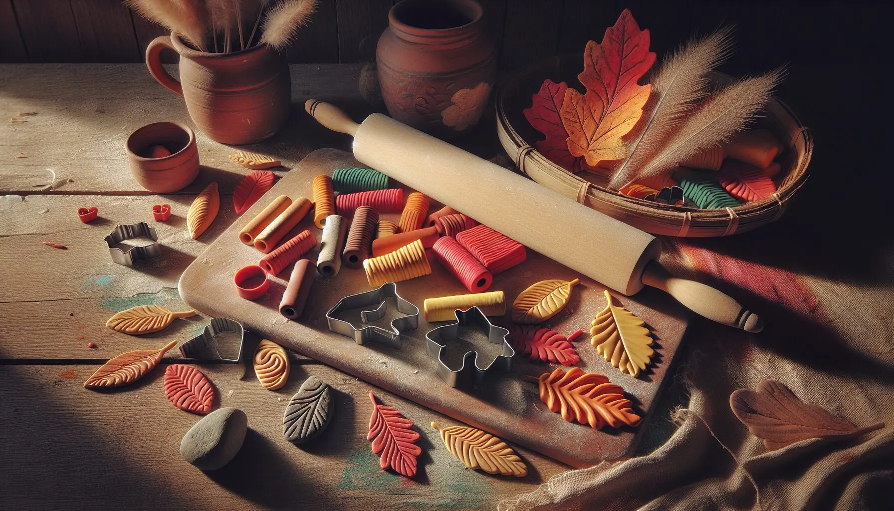 Generate an image of colorful clay rolls, leaf-shaped cutters, and textured stones on a mat.