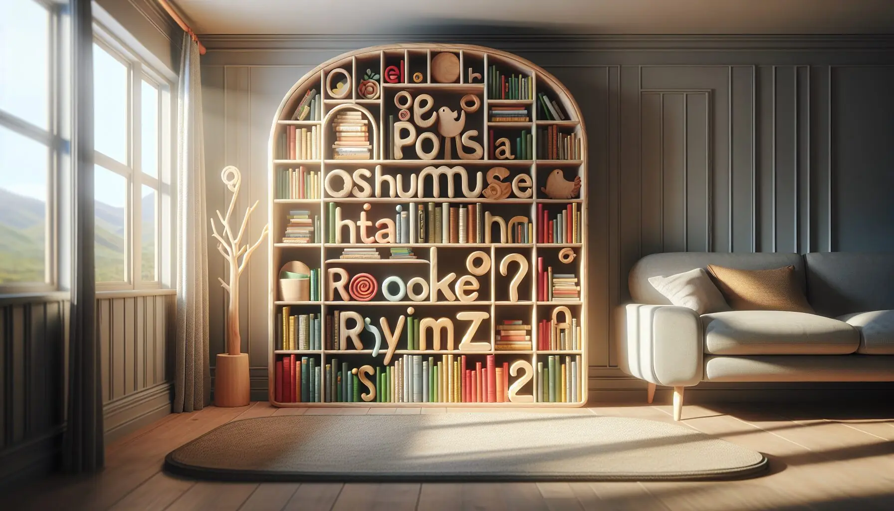 Generate an image of a whimsical bookshelf with colorful, rhyming word cards.