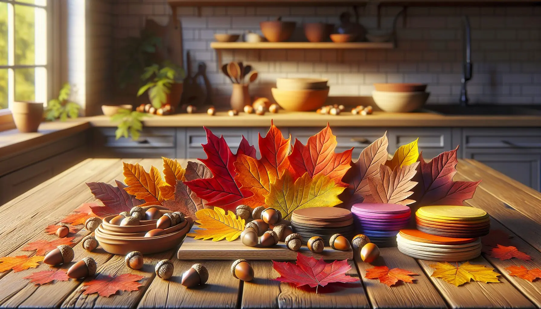 Generate an image of vibrant autumn leaves, acorns, and a clay setup on a wooden table.