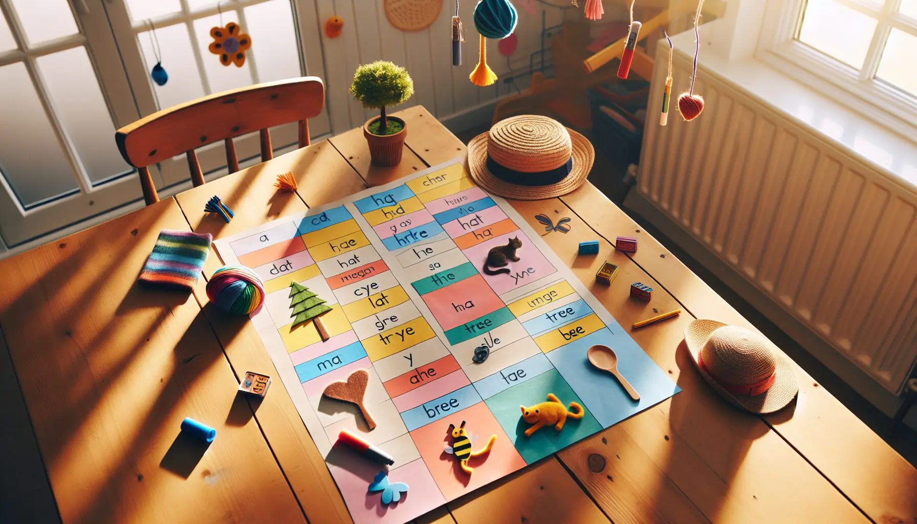 Illustrate a bright, playful chart showing rhyming pairs enhancing language skills.