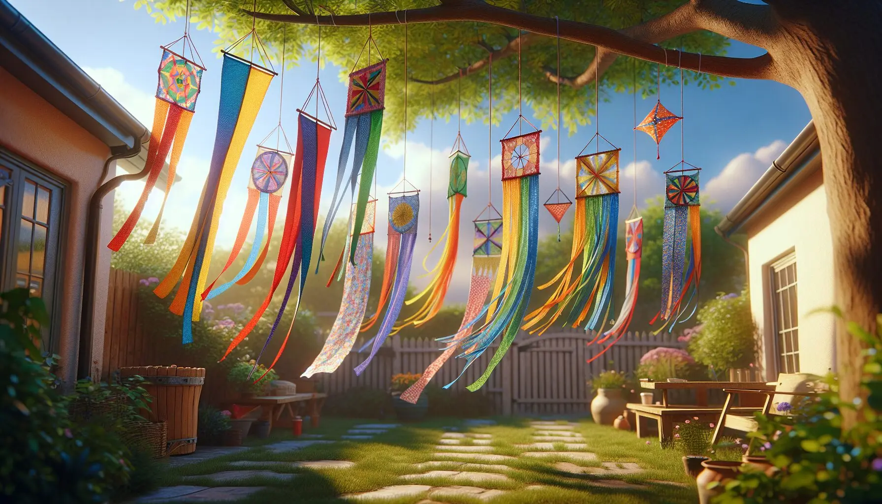 Visualize a collection of windsocks in different styles and colors, hanging together, against a clear blue sky.