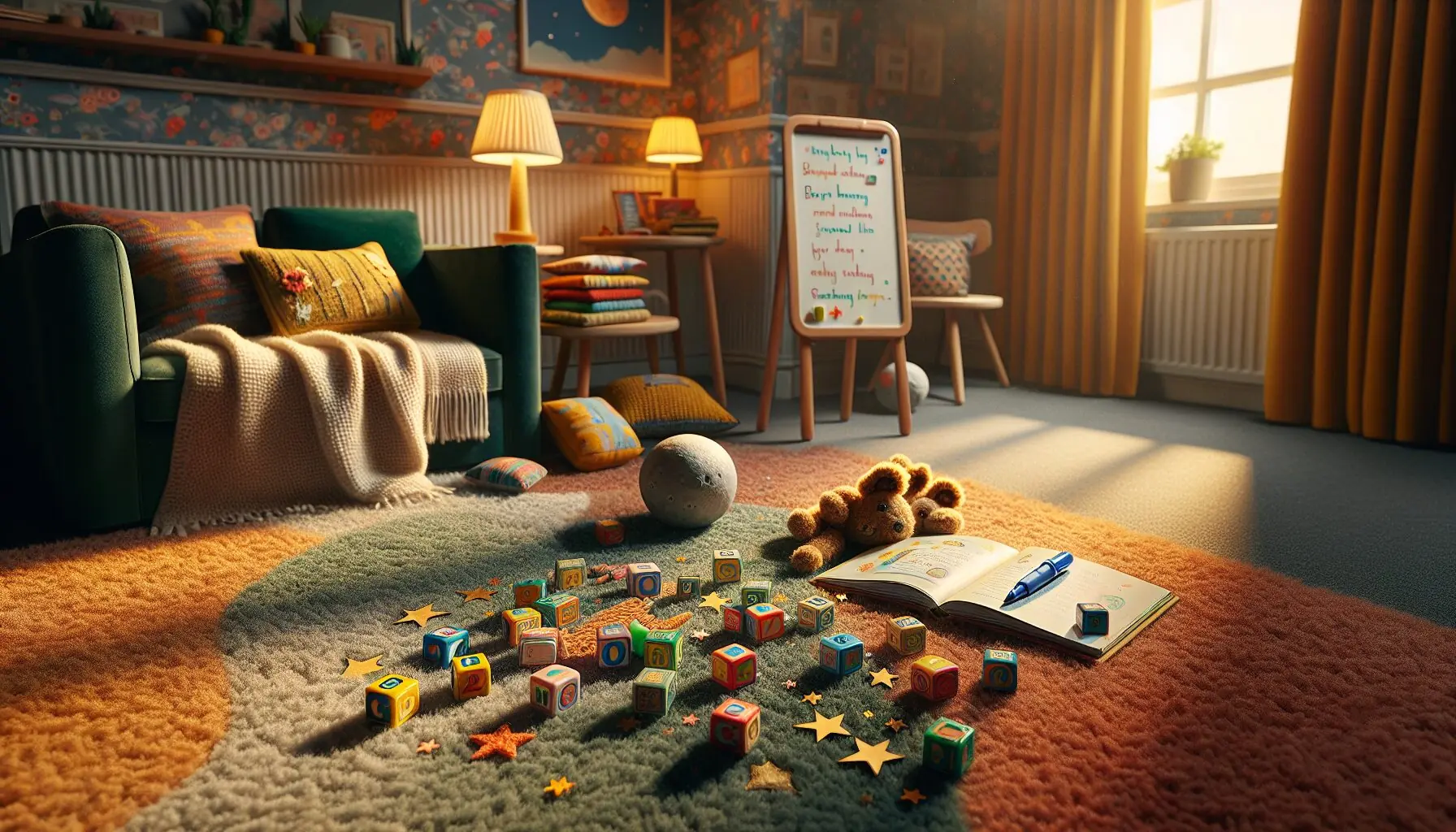 Show an inviting family space with a collection of found rhyme items and joyful expressions.