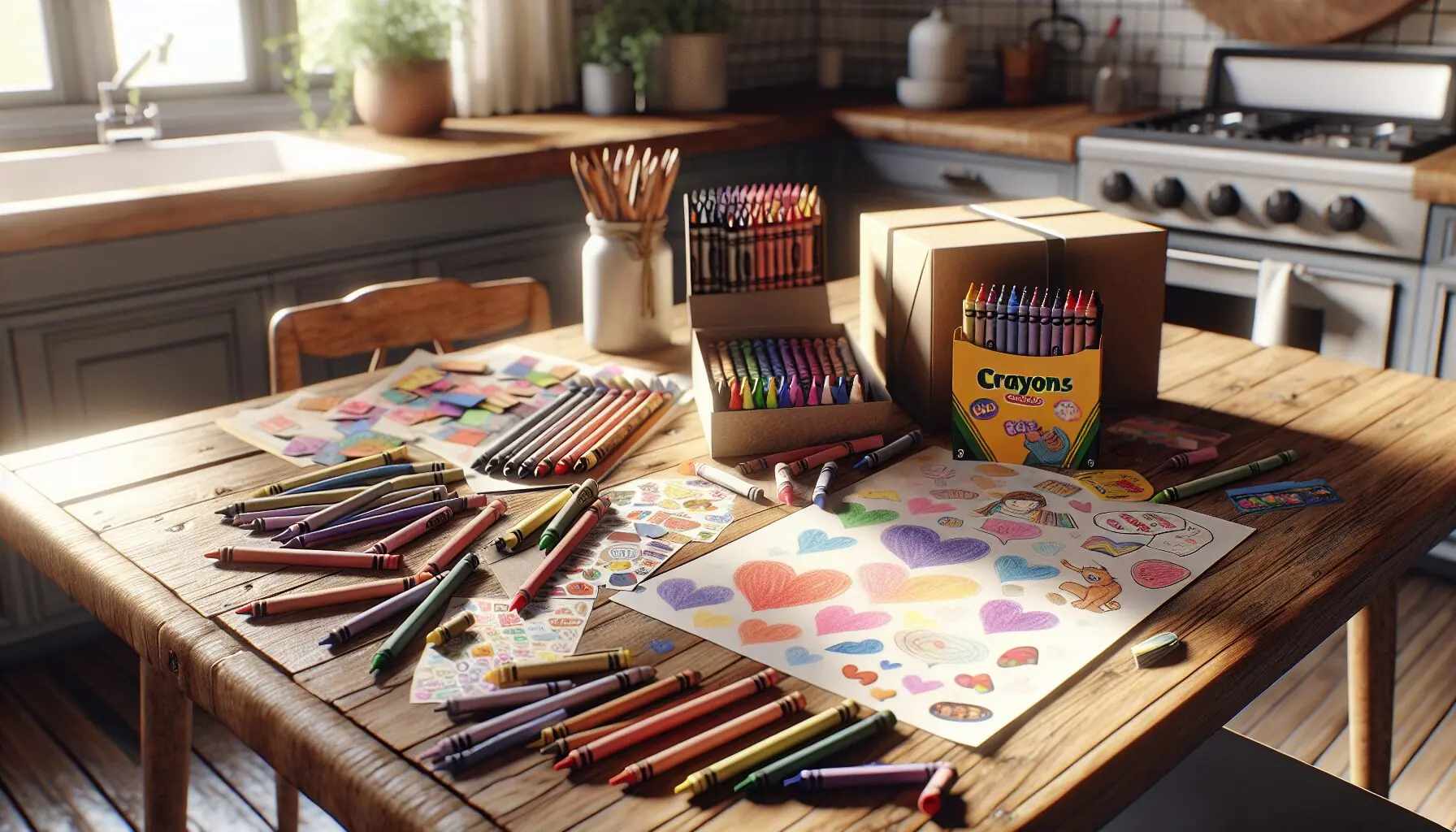 Generate an image of a child's hand drawing with crayons on a card.