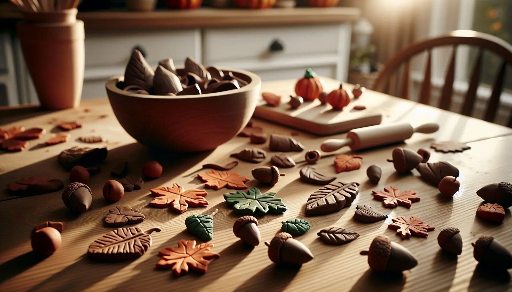 Generate an image of completed clay creations—leaves and acorns—arranged in a decorative autumn display.