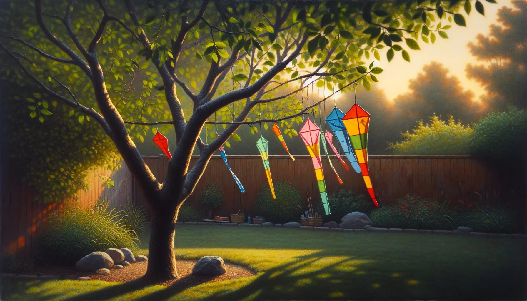 Generate an image of a playful breeze swirling around colorful paper windsocks hanging from a tree.