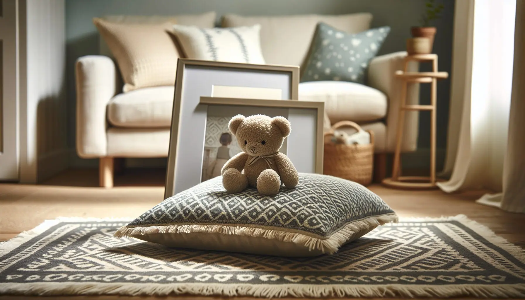 An image of a small stuffed animal atop a decorative pillow on a soft, patterned rug.
