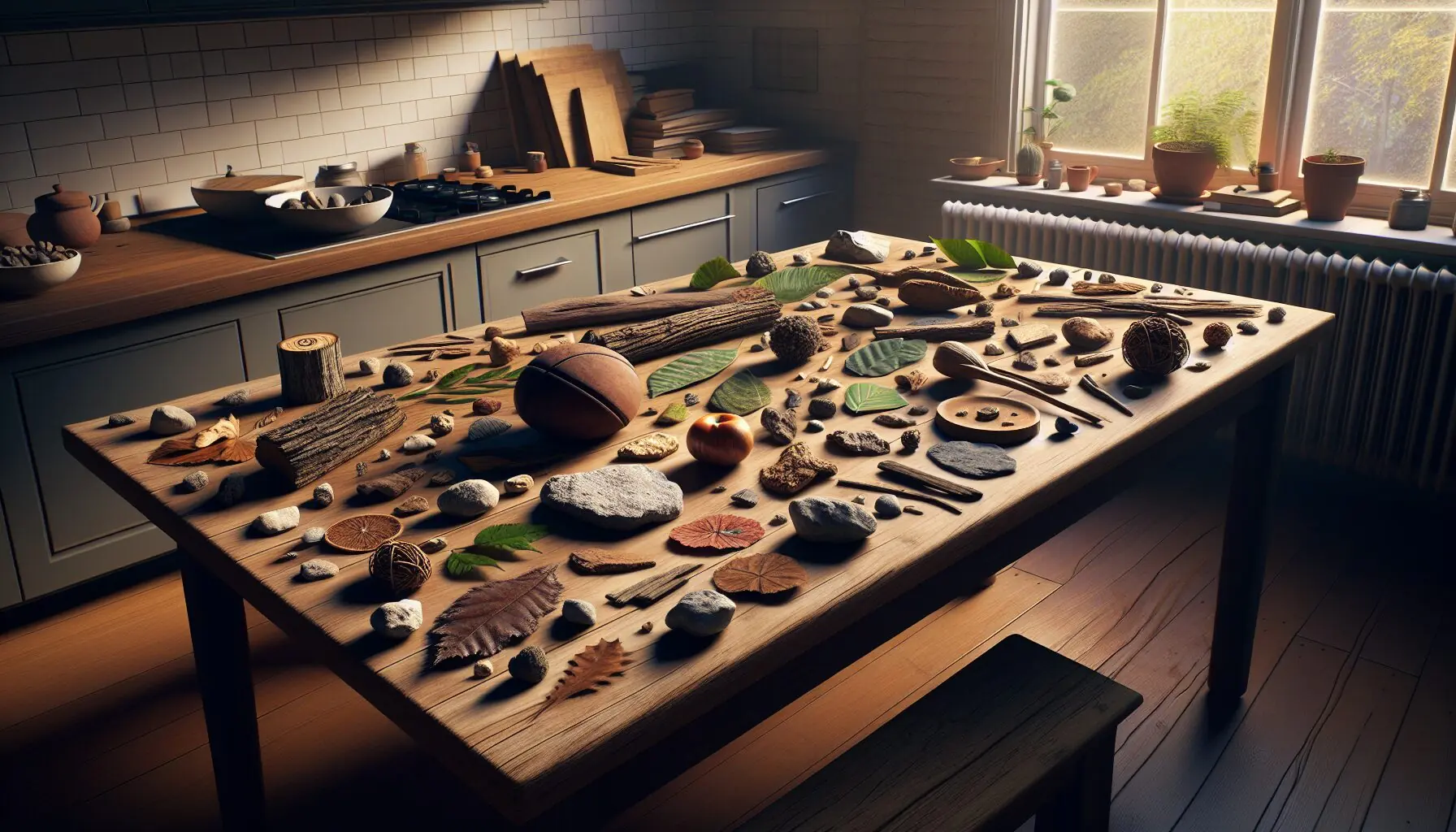 Generate an image of various textured natural objects like leaves, bark, and stones on the forest floor.