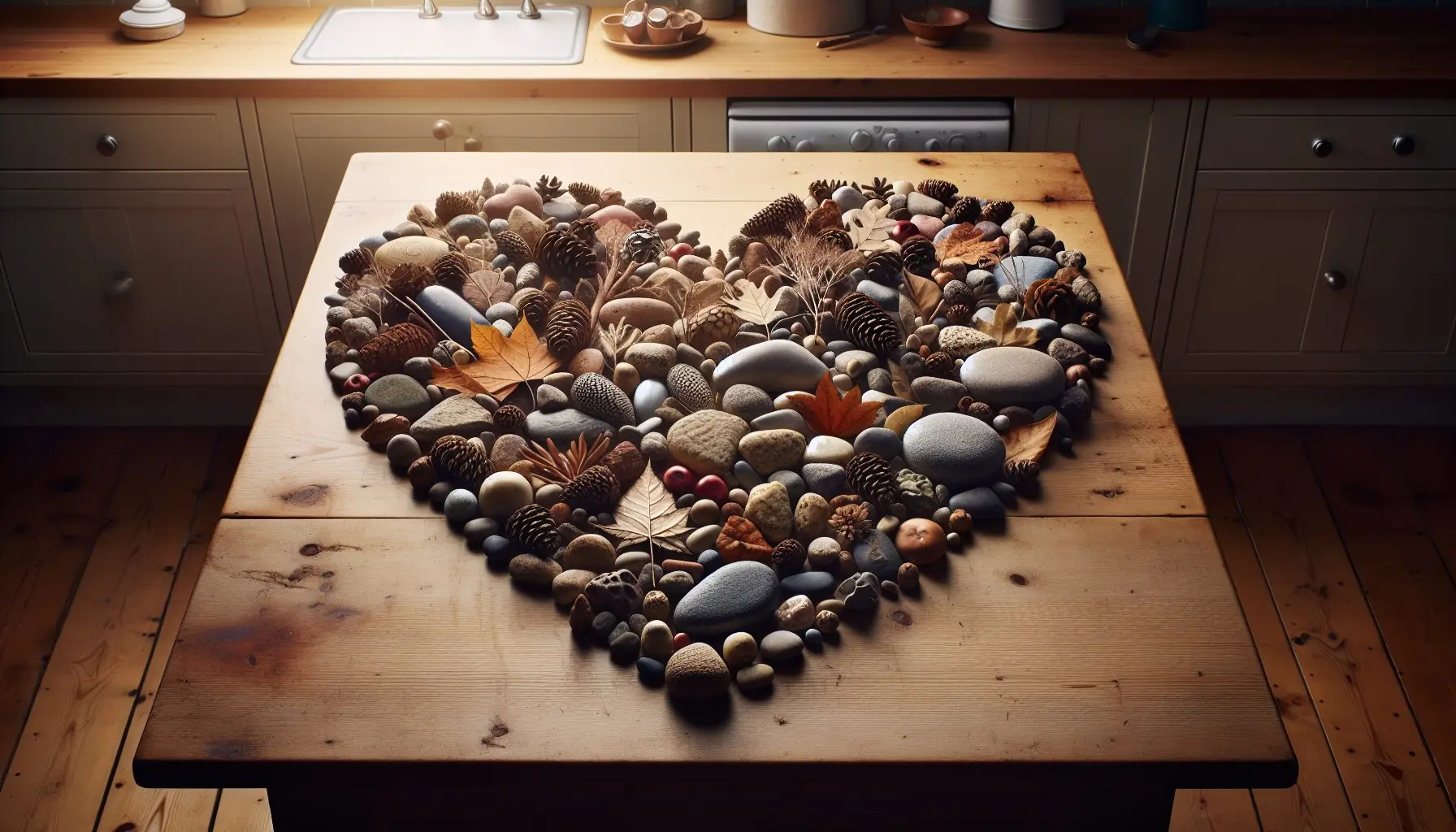 Generate an image of a heart-shaped array of collected textured objects, such as stones, leaves, and pine cones, symbolizing a bonding experience.