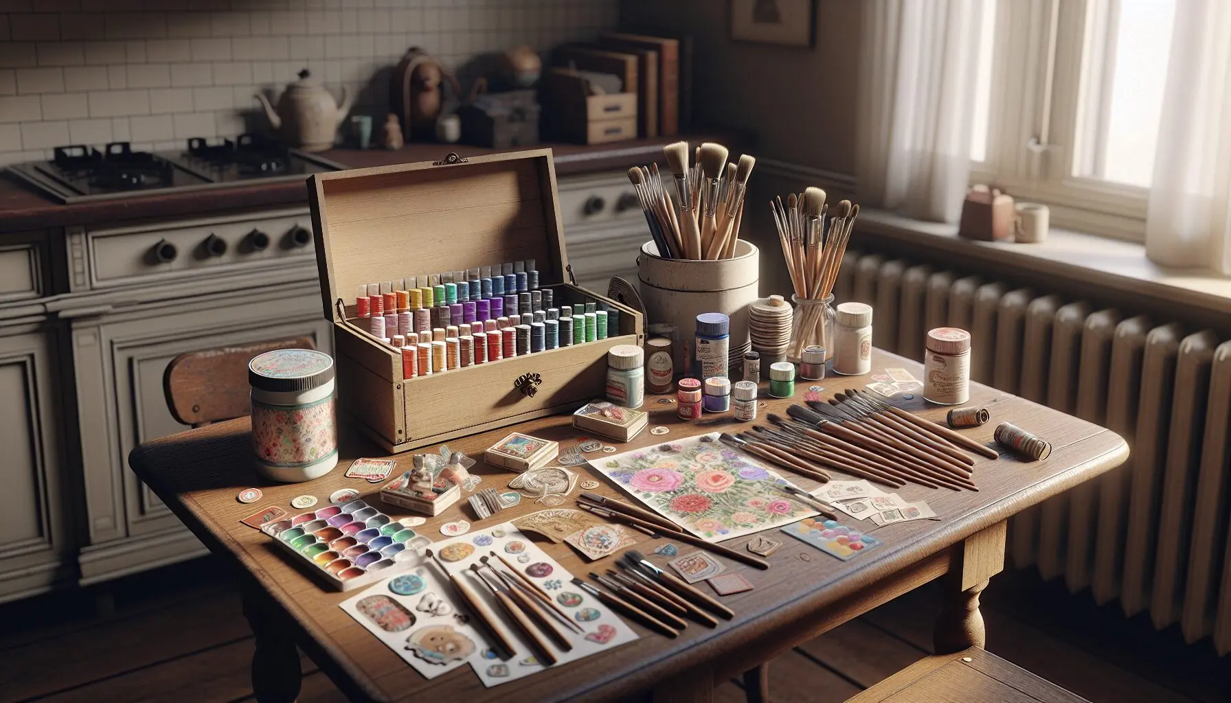 Generate an image of colorful craft materials, such as paints and stickers, scattered around a clean working surface.
