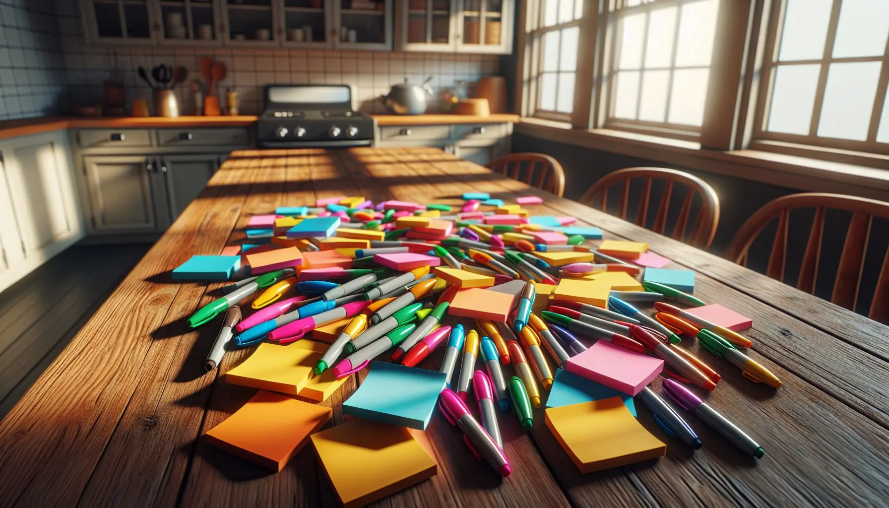 Create an image of colorful sticky notes and markers laid out on a wooden table, ready for creativity.