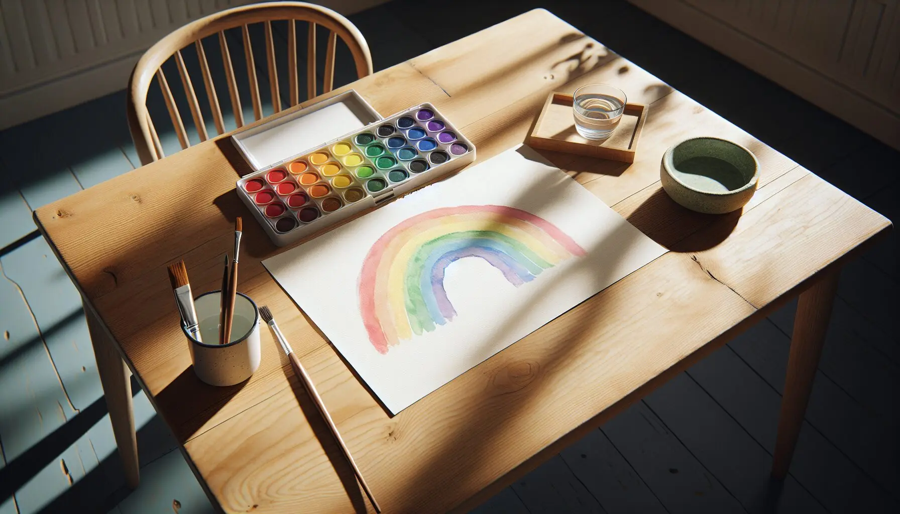 Generate an image of watercolor paints, a brush, and a rainbow sketch on paper.
