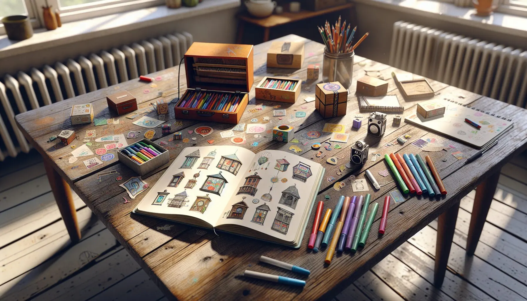 Generate an image of an open notebook with sketches of different music box designs, with markers and stickers nearby.