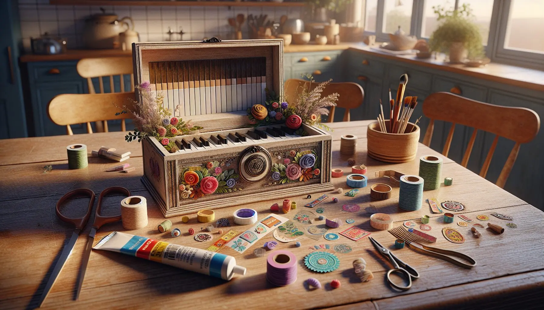 Generate an image of a child’s hands holding a decorated music box, with various craft supplies visible in the background.