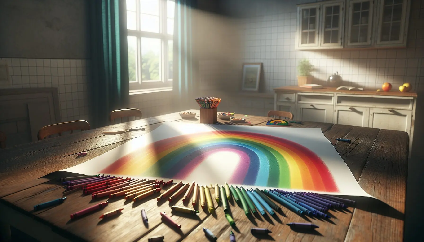 Generate an image of a child’s hand holding a crayon, coloring a large rainbow.