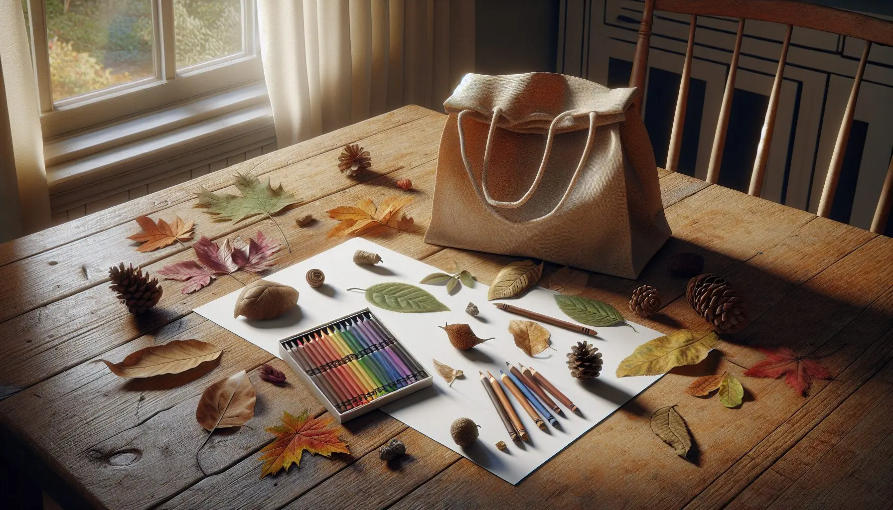 Generate an image of a child holding a crayon and paper, creating texture rubbings from collected natural items.