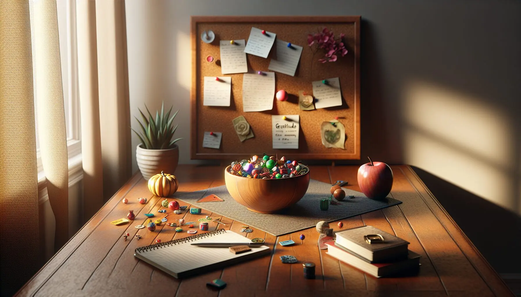 Illustrate a small bowl of colorful trinkets and gratitude tokens beside a corkboard as inspiration for variation.