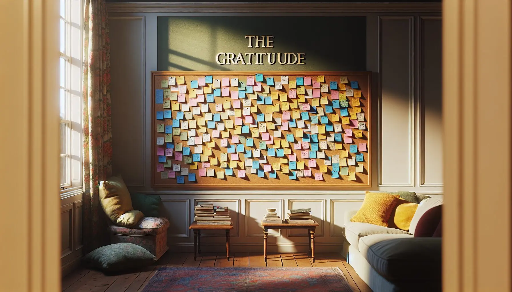 Generate an image of a warm, cozy family room with a simple bulletin board on the wall, featuring cheerful sticky notes.