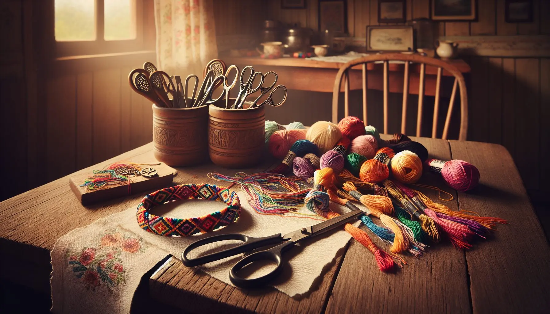 Generate an image of a completed friendship bracelet lying next to a pair of scissors and more threads, symbolizing achievement.