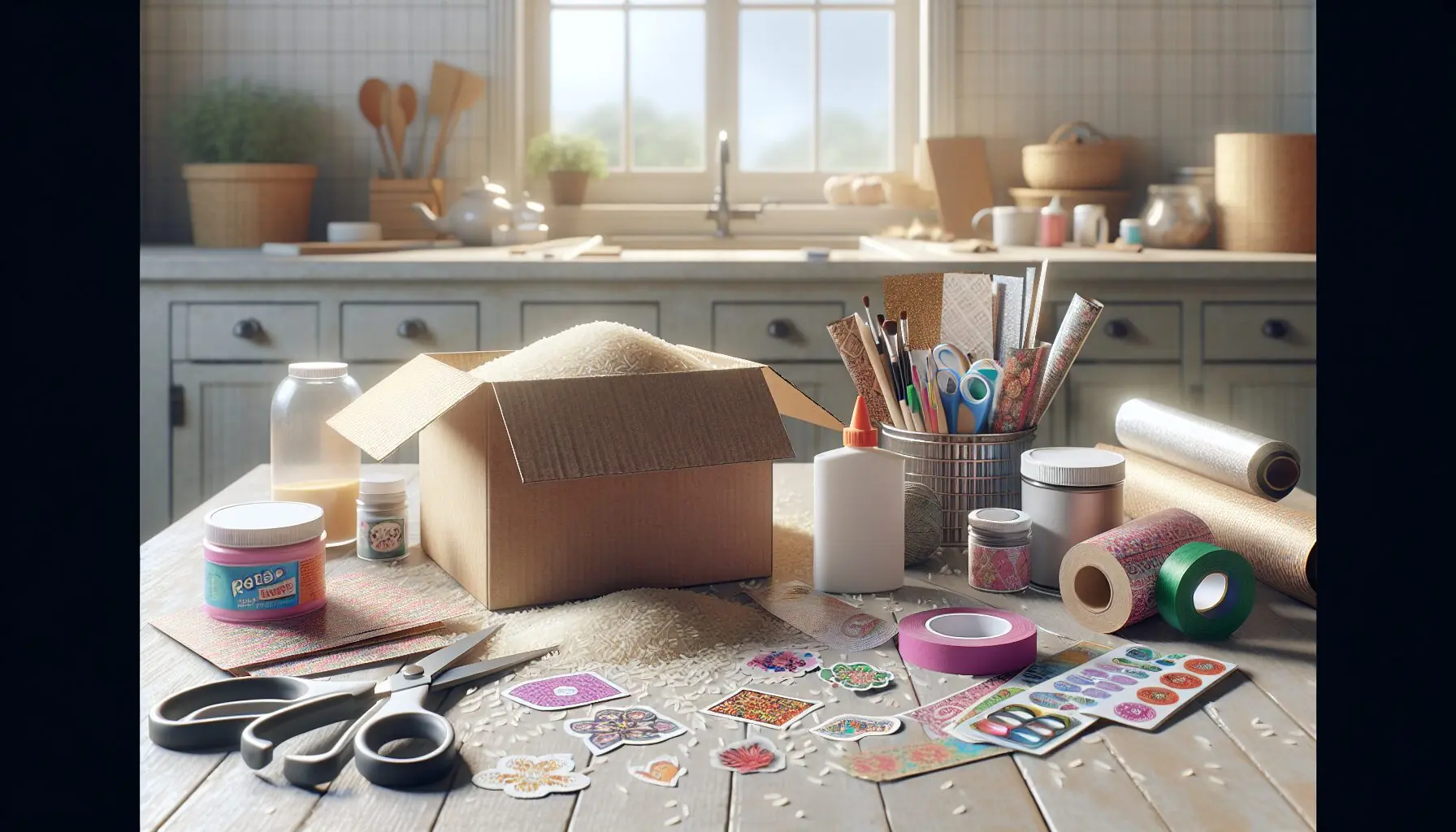 Generate an image of a small box partially filled with rice and surrounded by decorating supplies.
