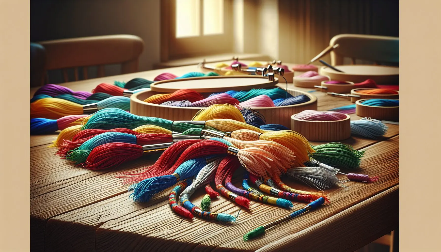 Generate an image of a variety of colored embroidery threads and simple knot patterns, illustrating the initial setup process.