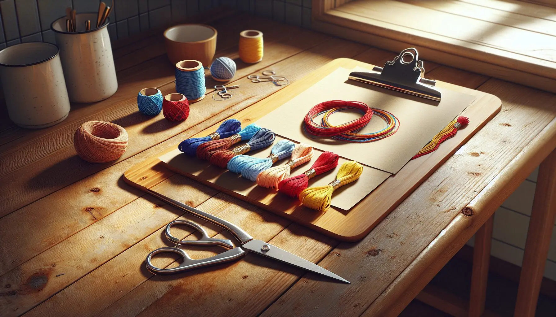 Create an image showing a child's hands skillfully braiding colorful threads on a clipboard.
