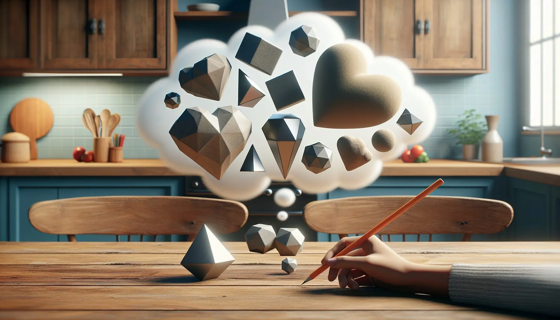 Generate an image of a thought bubble filled with various geometric shapes found in nature, like heart-shaped leaves and diamond-like rocks.