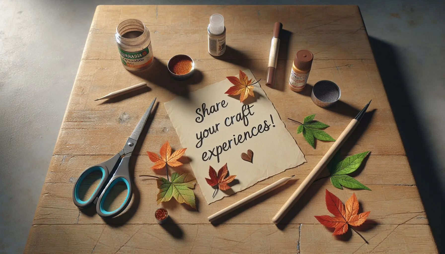 Generate an image of a handwritten note with 'Share Your Craft Experiences!' surrounded by crafting supplies like glue sticks and paper.