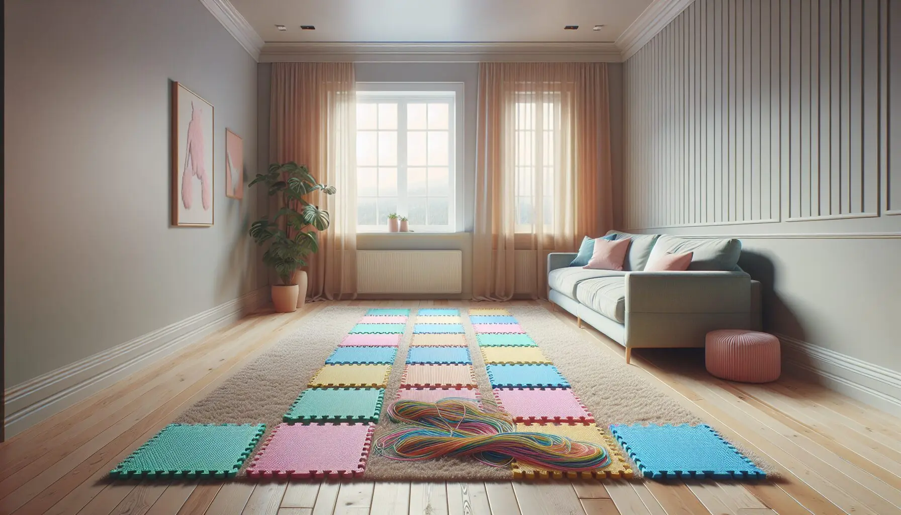 Generate an image of soft mats and colorful strings laid out in a line across a living room setting.