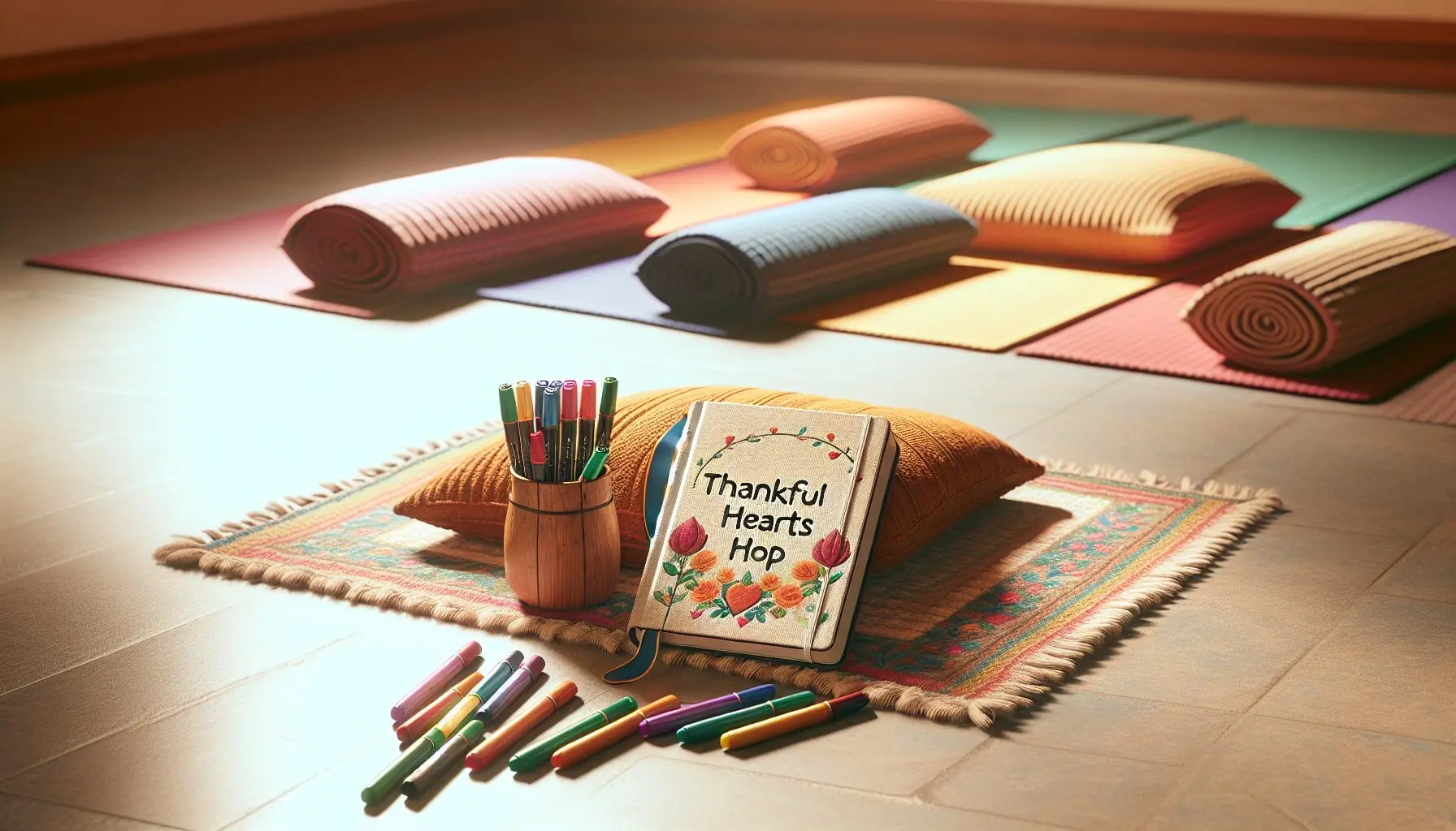 Create an image of a journal with the words 'Thankful Hearts Hop' written on the cover, alongside colorful markers.