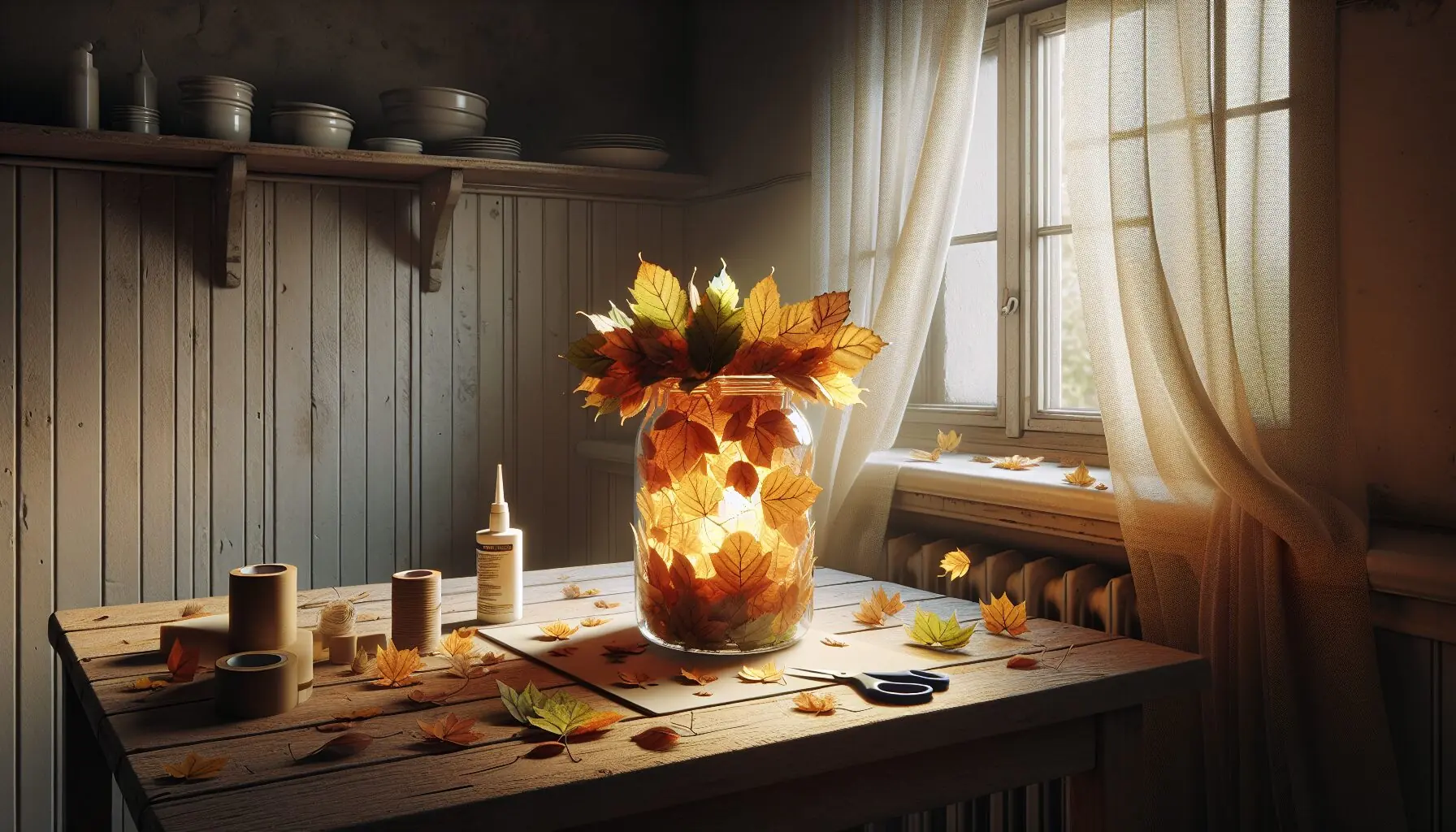 Generate an image of a completed Leafy Lantern glowing softly on a table beneath a window.