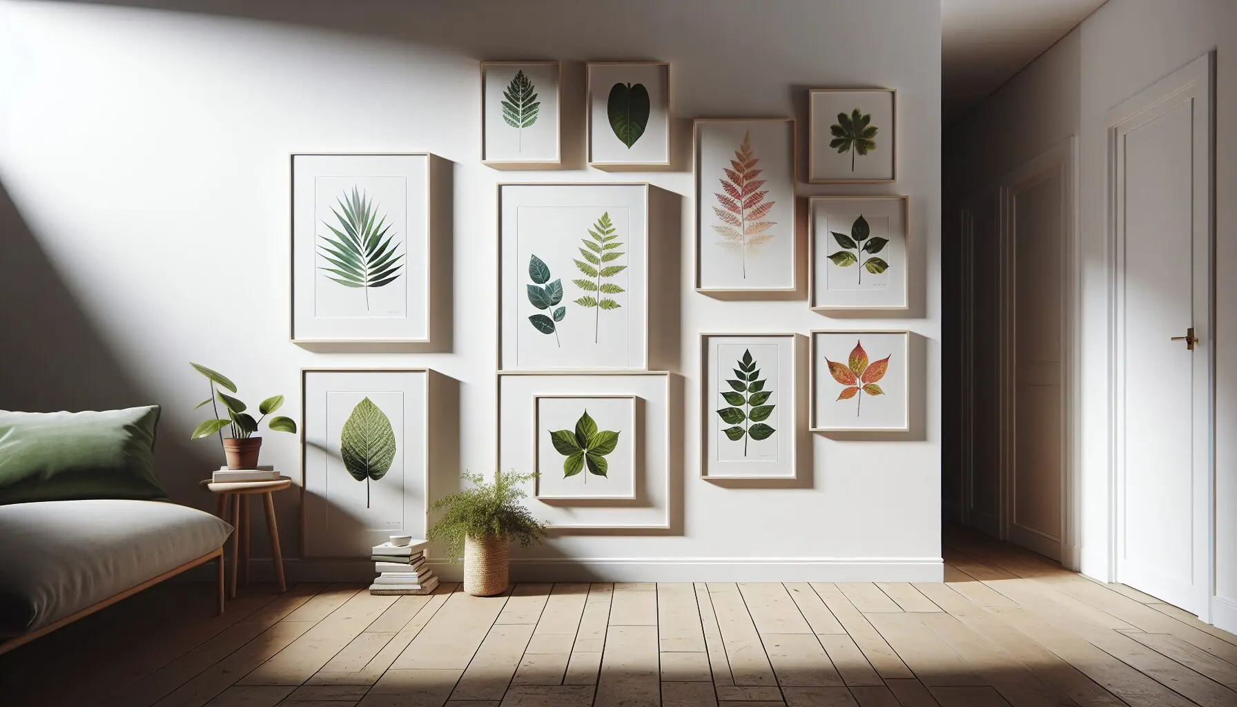Generate an image of different leaf prints hanging on a wall like an art gallery.