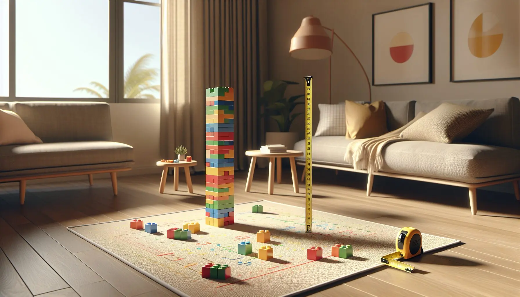 Generate an image depicting the construction of a tall tower with building blocks, with a measuring tape beside it.