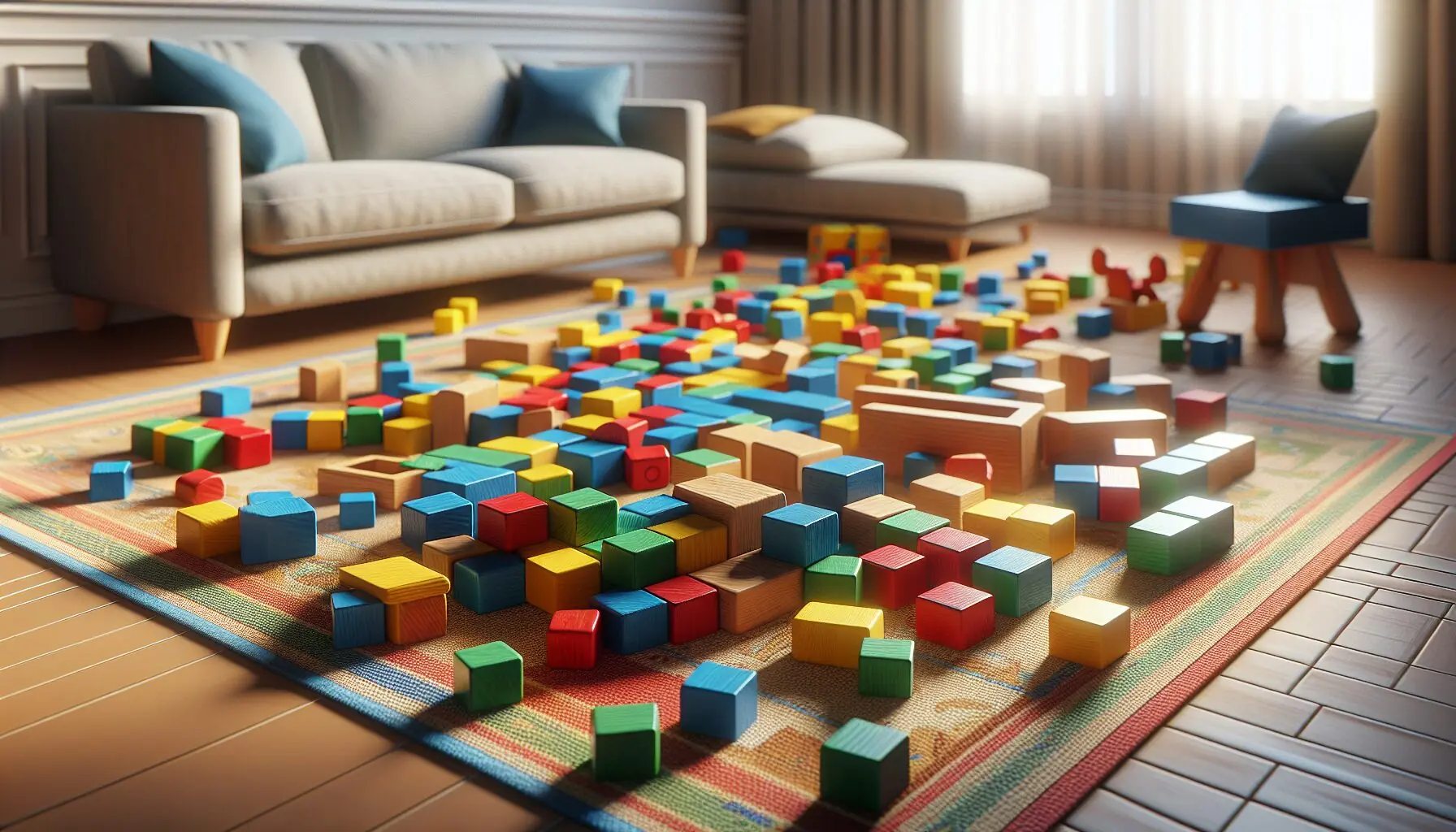 Generate an image of colorful wooden building blocks on a play mat.