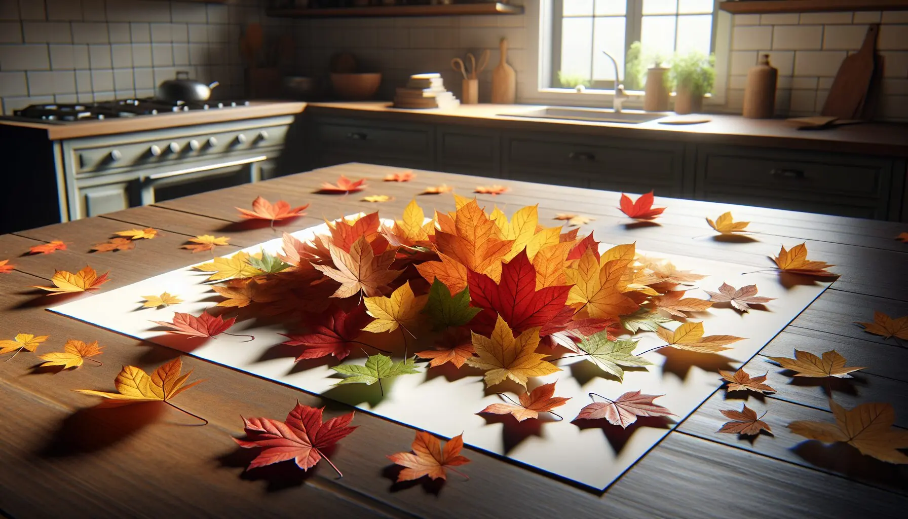 Generate an image of a variety of colorful leaves scattered artistically on a blank paper.