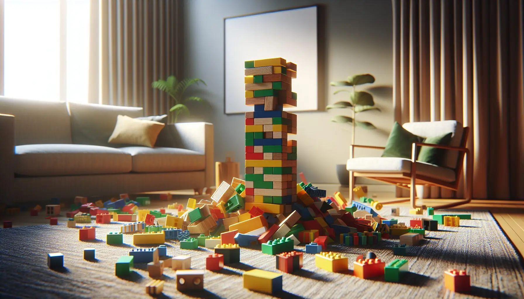 Generate an image showing a toppled tower of building blocks on a mat with scattered pieces.