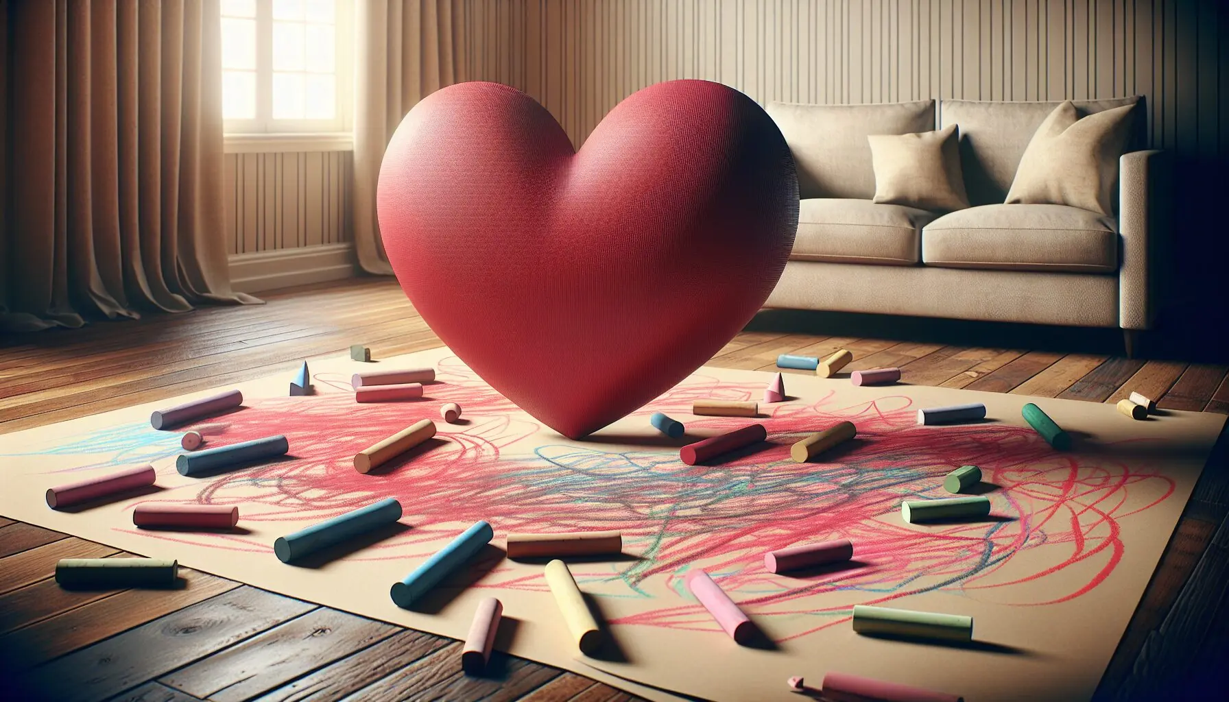 Depict an illustration of a large red heart surrounded by jumping lines and playful arrows.