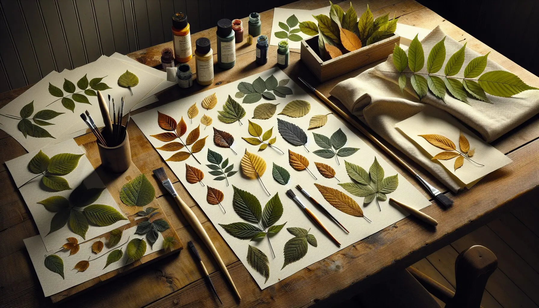 Generate an image showing paintbrushes, leaves with painted tips, and paper or fabric ready for printing.