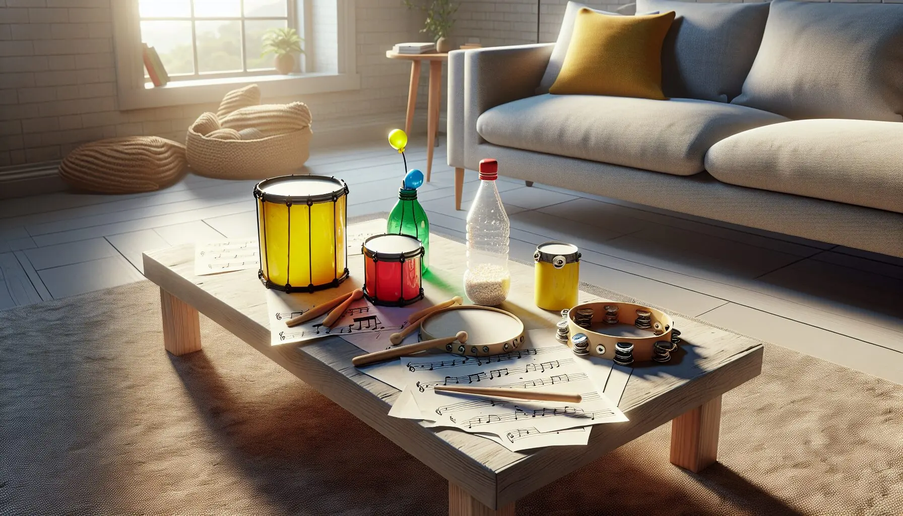 Generate an image of a cozy living room with colorful musical notes floating around, setting a fun and musical atmosphere.