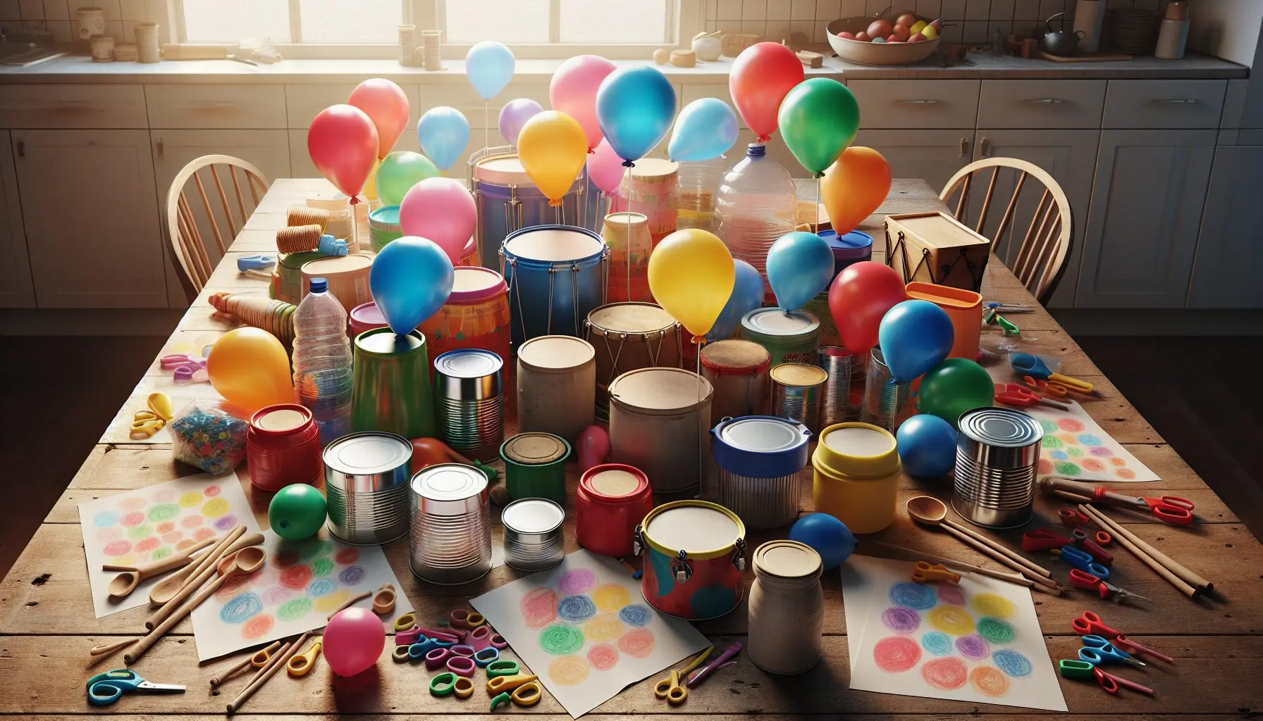Generate an image of a diverse array of everyday containers and balloons on a wooden table, with some colorful drawings scattered around.