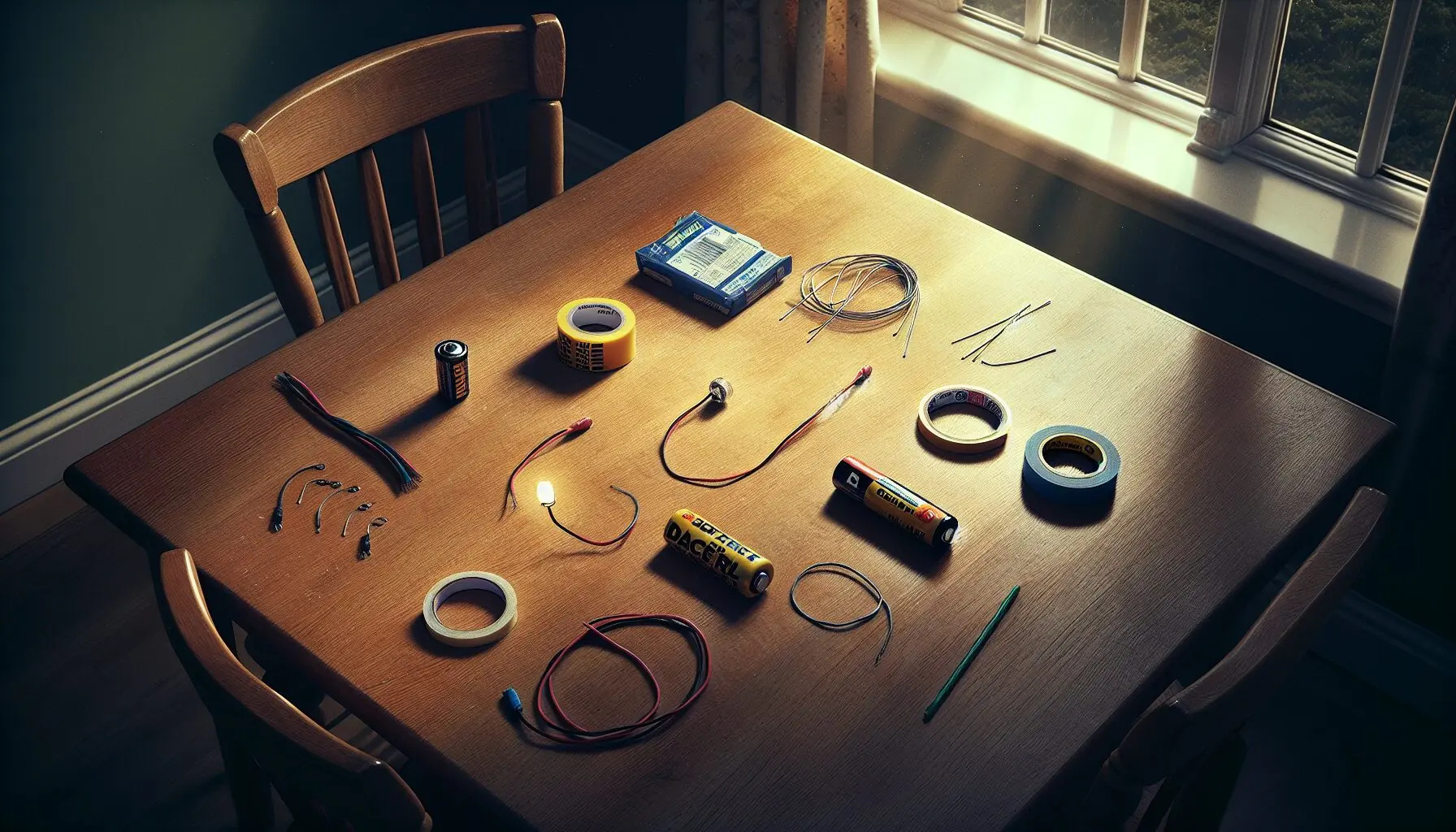 Generate an image of a simple circuit laid out with a battery, LED, and insulated wires.