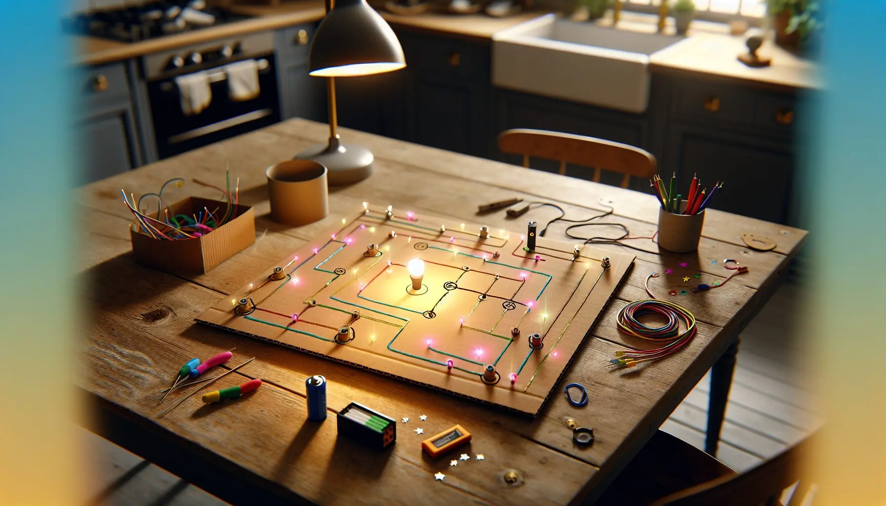 Generate an image of a playful, child-drawn circuit with fun elements like stars and sparkles.