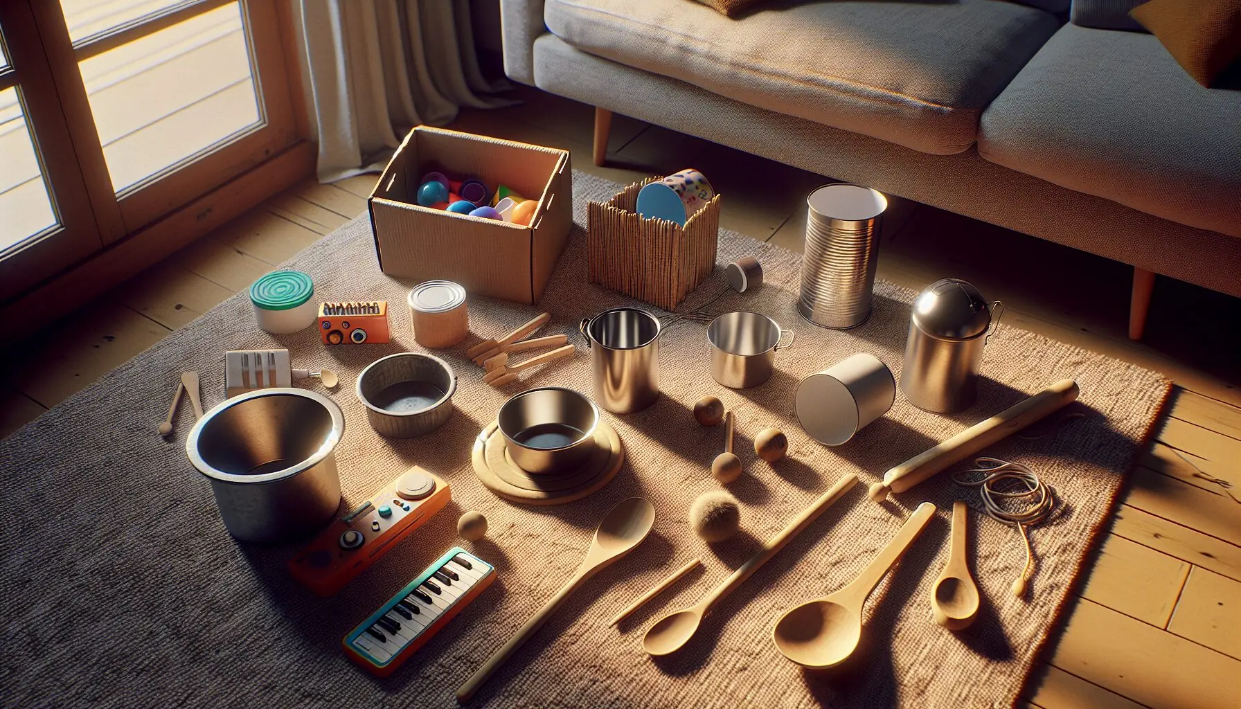 Generate an image of a child-like drawing illustrating a joyful sound-making session with notes and chaos in the background.