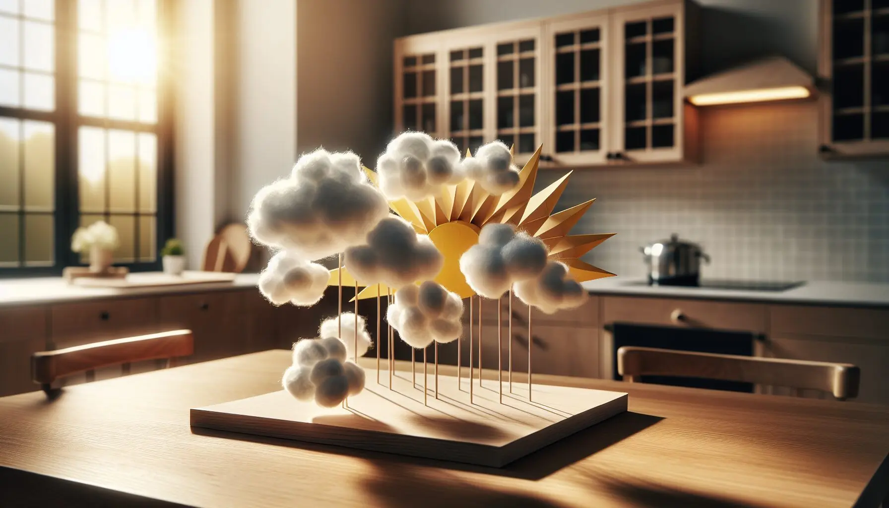 Generate an image of whimsical clouds with sunrays peeking through.