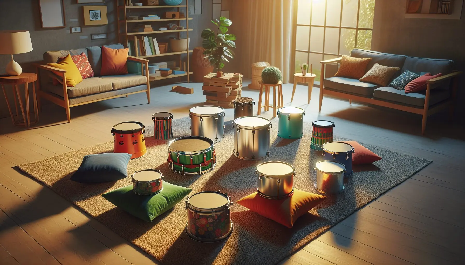 Generate an image of a child-sized drum circle with various homemade drums and colorful cushions, creating a warm and inviting atmosphere.