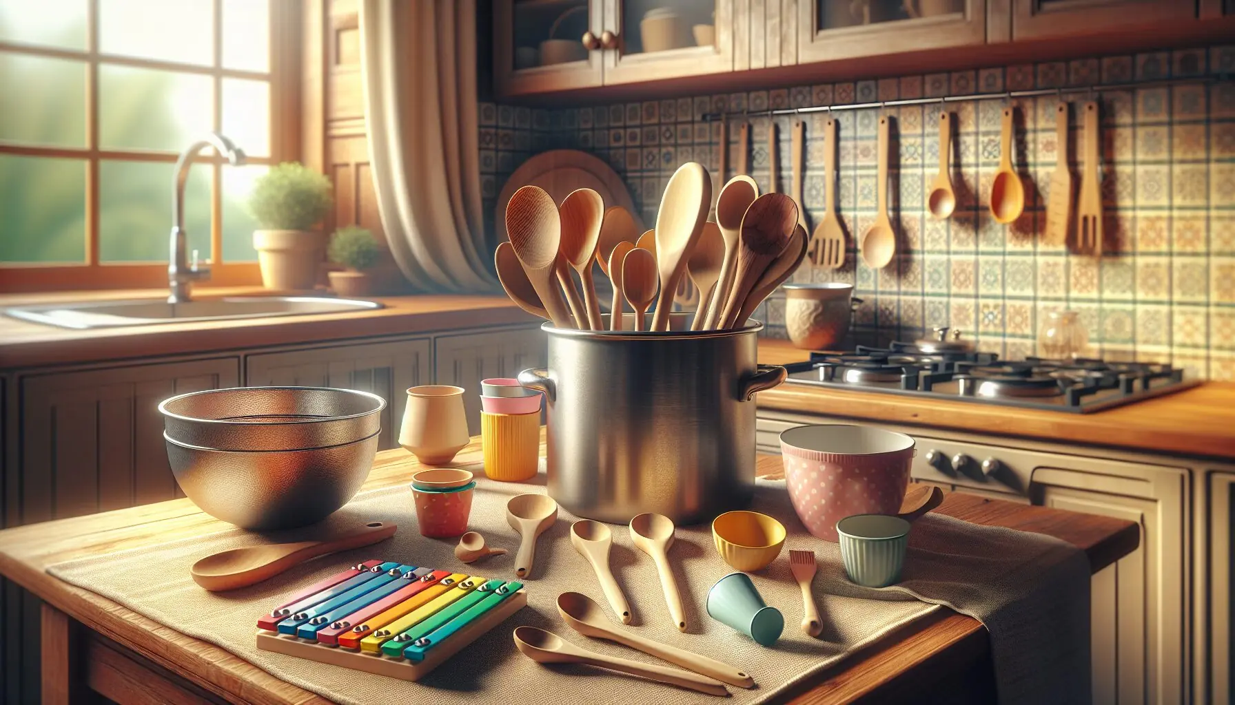 Generate a whimsical drawing of a family creating music together with cartoonish sound effects around them.