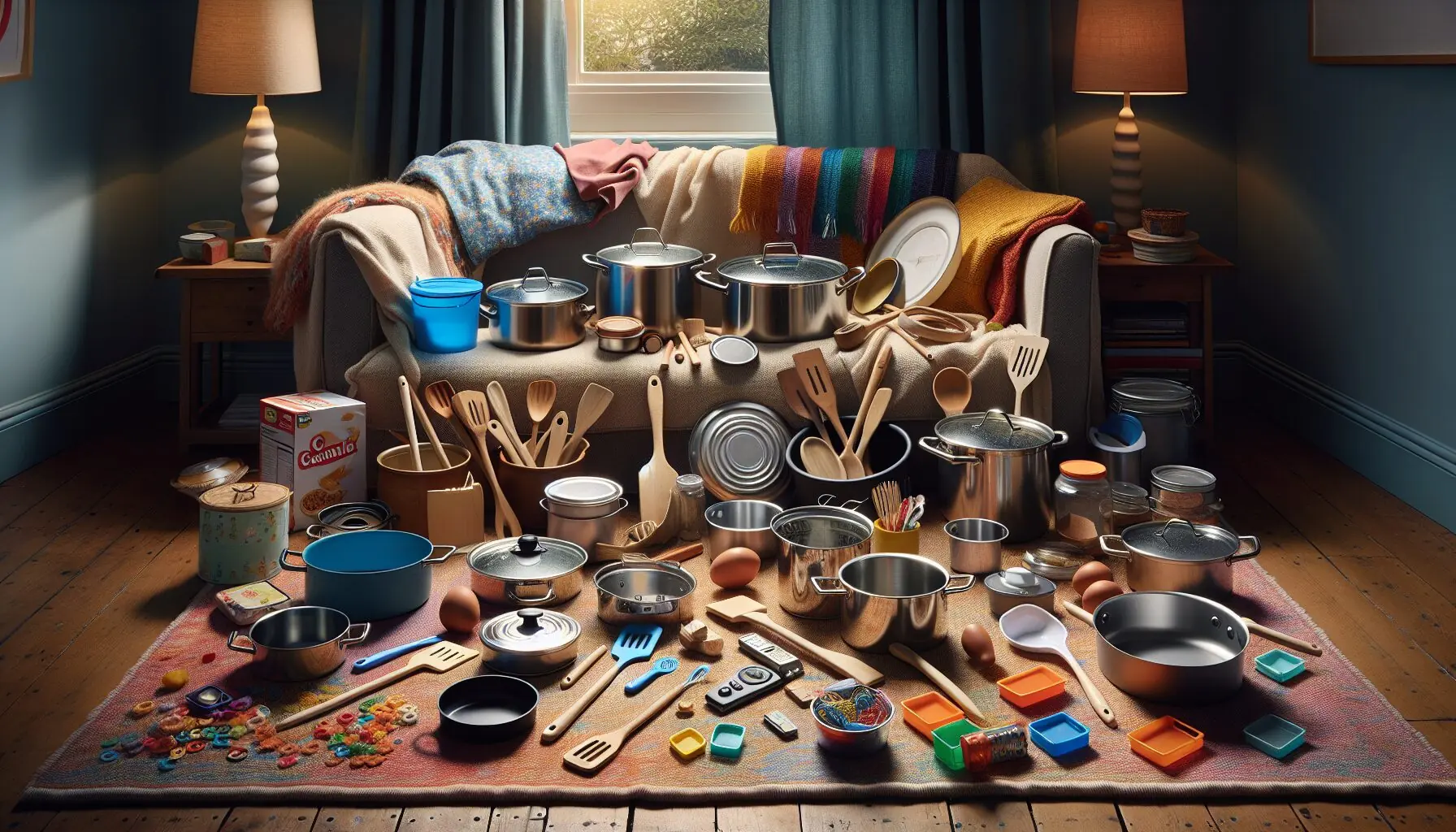 Generate an image of a colorful assortment of kitchen utensils, empty containers, and fabric scraps arranged in an inviting way.