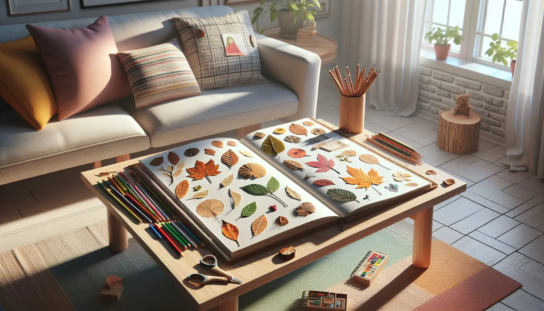 Generate an image of a scrapbook with pressed leaves and creative drawings.