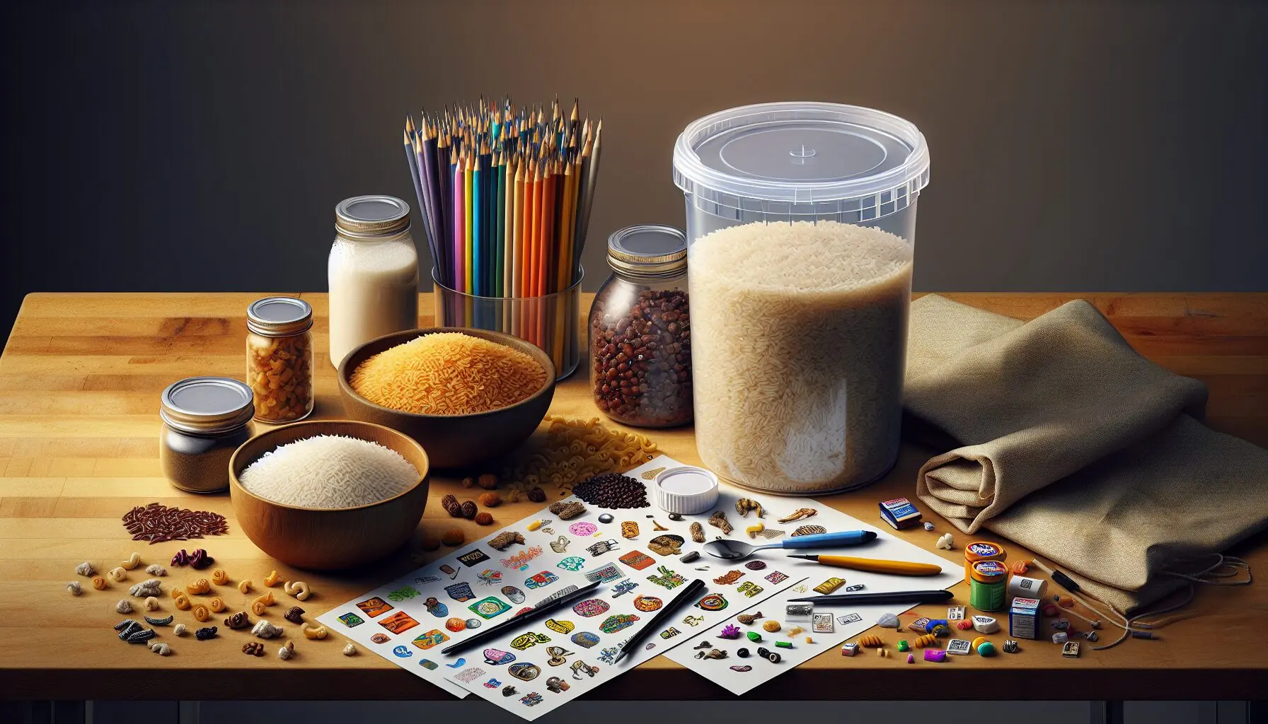 Generate an image of a collection of items to make a jar shaker, including jars, rice, beans, pasta, and decorative stickers.